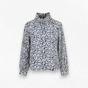 80s Vintage Black Floral Soft Sheen Satin Turtleneck Bishop Sleeve Top Size 14